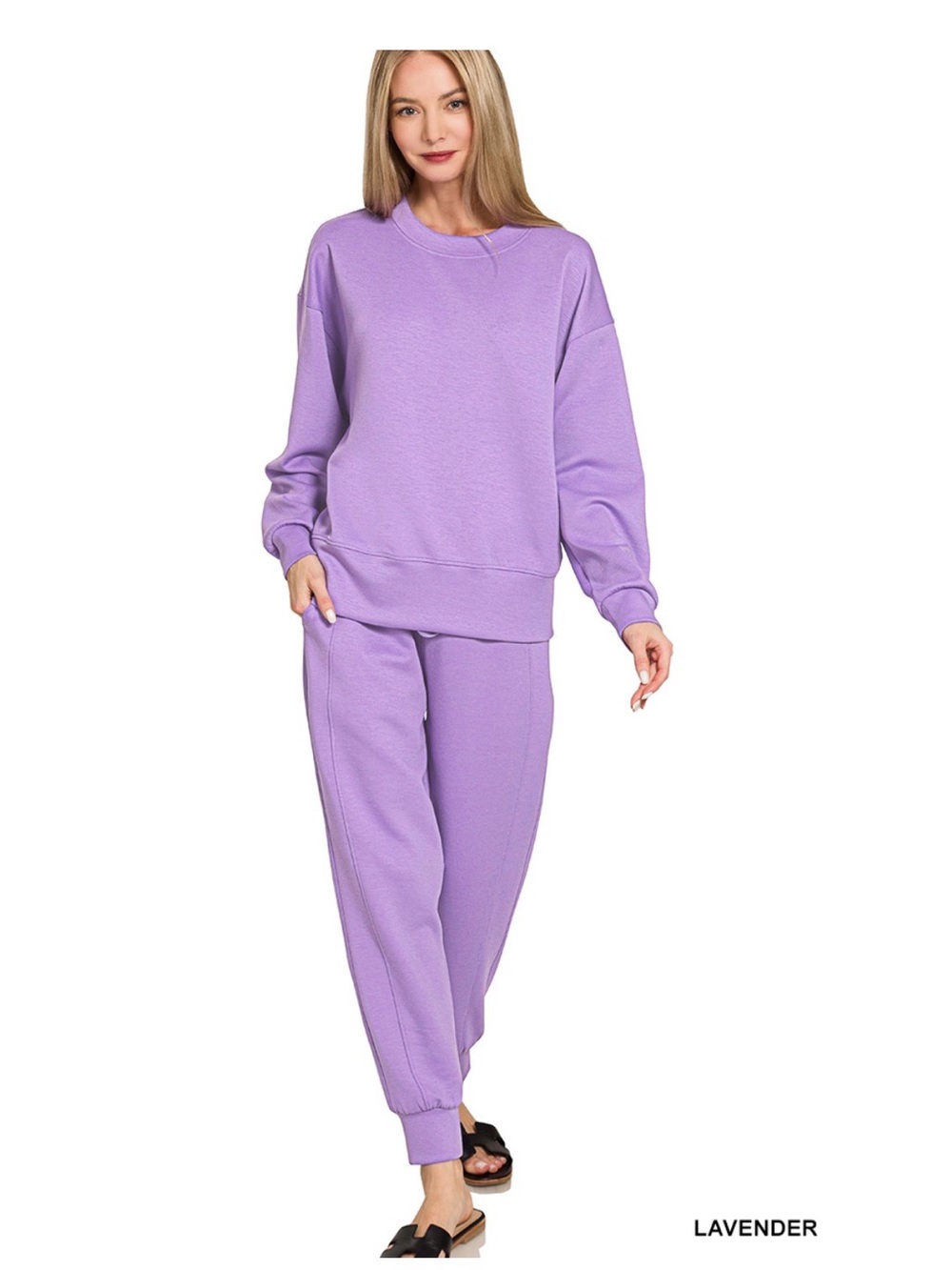Zenana Outfitters Lavender Relaxed Crewneck Sweatshirt & Jogger Set
